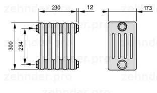 Схема (чертеж) Радиатор Zehnder Charleston 5030/5 №1270 Белый глянцевый RAL 9016